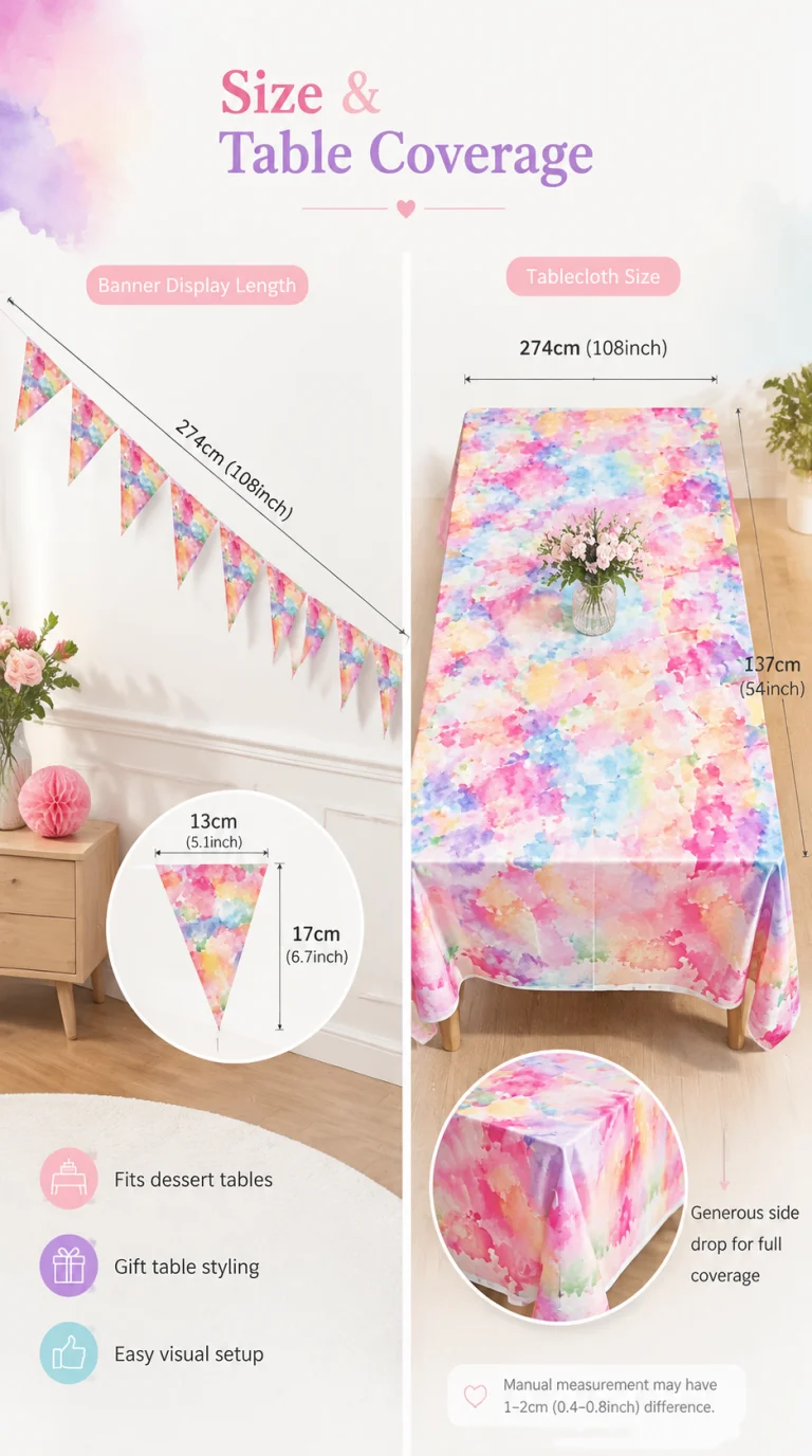 Watercolor Rainbow Disposable 137×274cm Tablecloth, Waterproof Tie-Dye Style Table Cover for Birthday & Party Decor