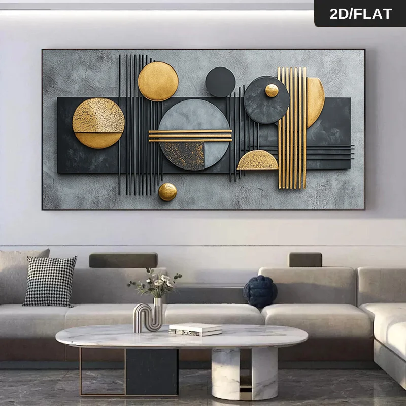 

2D Flat, Extra Large Modern Canvas Wall Art Frameless Painting, Black & Golden Geometric for Living Room, Bedroom, Office Decor