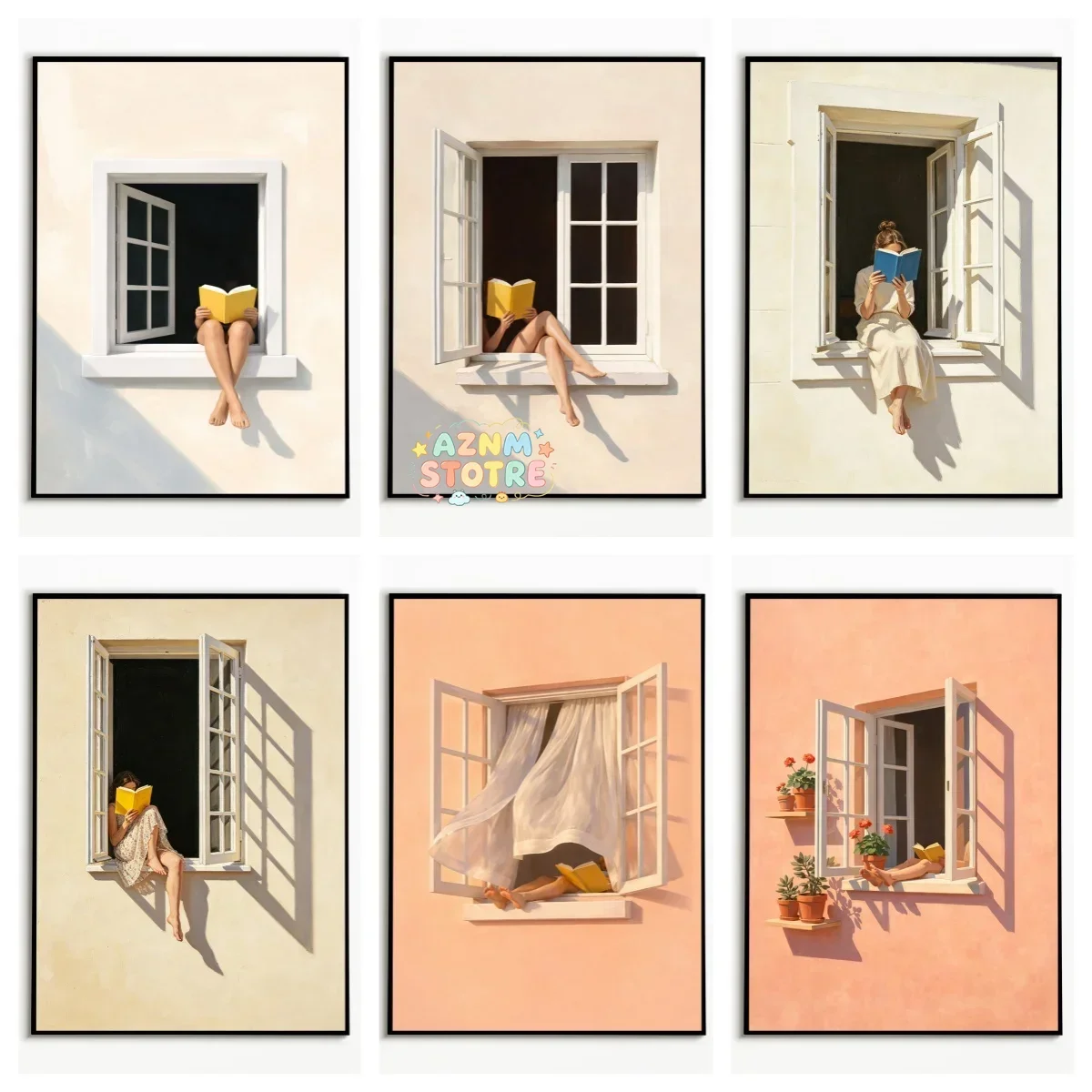 1PC  Window Reading Girls Printed Posters  Potted Curtains Light and Shadow Wall Art  Wall Decor Canvas Paintings for Room De