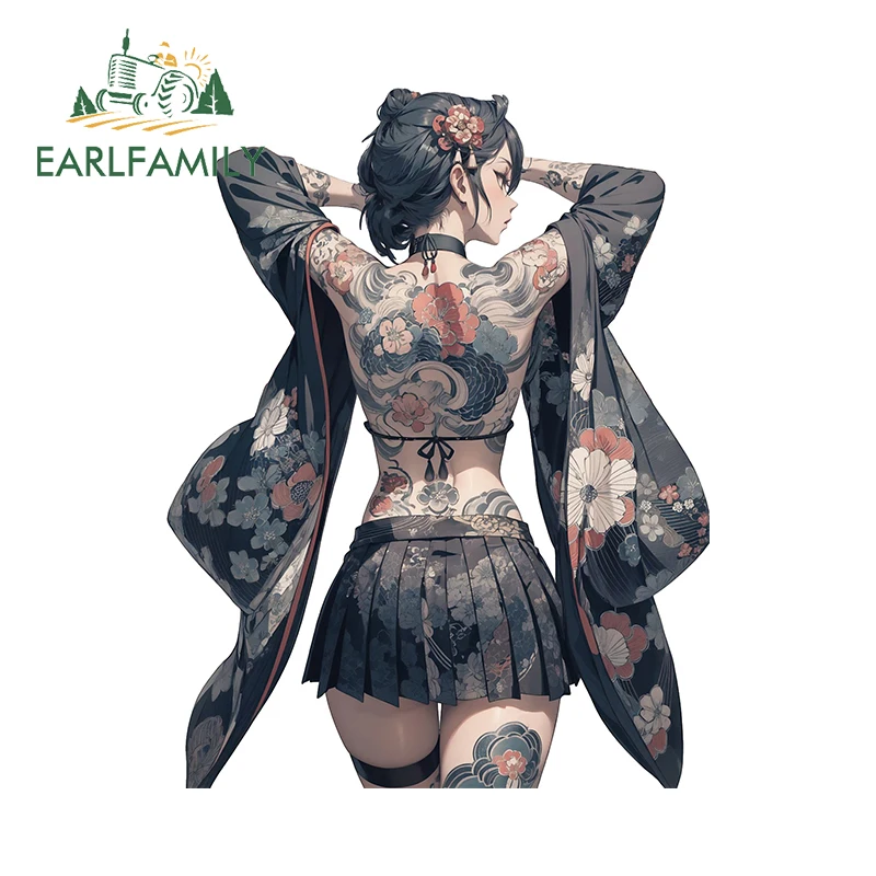 

EARLFAMILY 13cm x 10.1cm Flowers Tattoo Girl Car Sticker Funny Long Sleeved Retro Caravan Printing Decal Sunscreen Bumper Decor