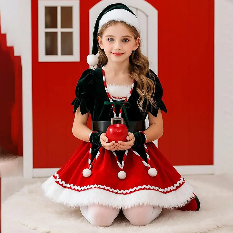 أزياء عيد الميلاد للأطفال فستان سانتا كلوز للفتيات حفلة عشية عيد الميلاد مع حزام قبعة للأطفال بدلة شتوية قطيفة للعطلات