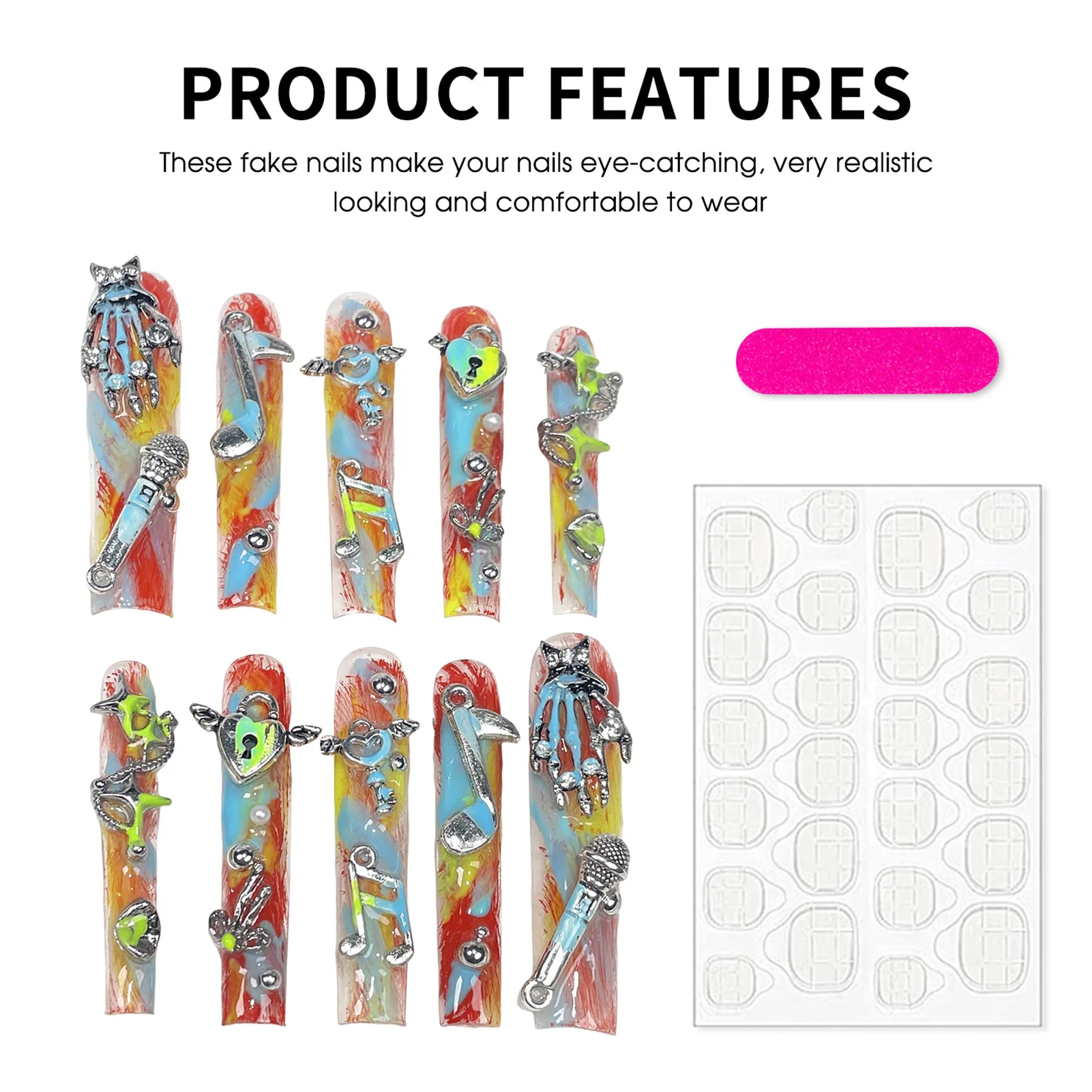 10 stks Persoonlijkheid Graffti Handgemaakte Druk Op Nagels Halloween Thema Lange Doodskist Kunstnagels Heavy Metal Punk Stijl Nep Nagel