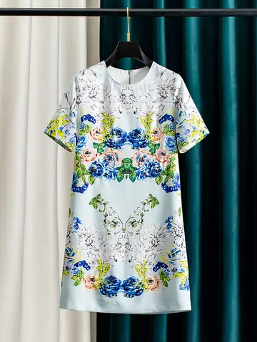2025 Zomerjurk met bloemenkralen en strass voor dames, rechte shift, korte mouw, elegante bedrukte mini-jurk, high-end stijl