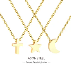 ASONSTEEL Vintage Small Tiny Moon Star Cross Pendant Necklace For Women Gold Plated Stainless Steel Delicate Choker Waterproof