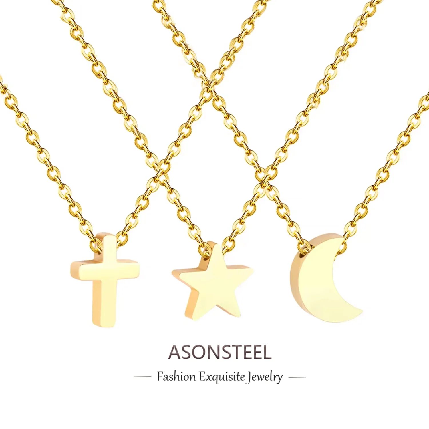 ASONSTEEL Vintage Small Tiny Moon Star Cross Pendant Necklace For Women Teenagers Stainless Steel Hypoallergenic Delicate Choker