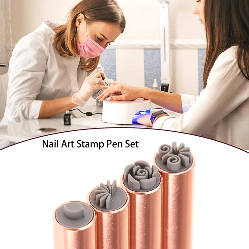 4Pcs/Set Creative Metal Nail Art Stamp Pen DIY Nail Design Stamper Gold And Pink Nails Art Stamping Tool Nails Art Dotting