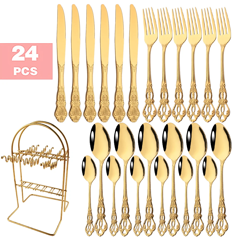 6/24Pcs Gold Luxury Dinnerware Mirror Stainless Steel Vintage Western Cutlery Set Tableware Knife Spoon Fork Cutlery Rack Set