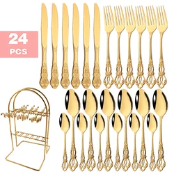 6/24Pcs Gold Luxury Dinnerware Mirror Stainless Steel Vintage Western Cutlery Set Tableware Knife Spoon Fork Cutlery Rack Set