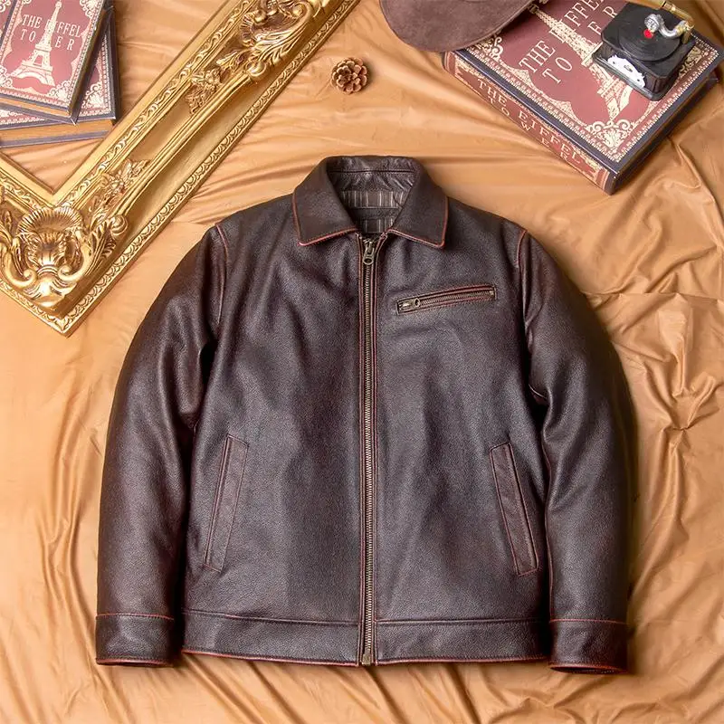 Classic 1930 Genuine Leather Jacket Retro Tooling Cowhide Motorcycle Leather Jacket Old Short Leather Jacket for Men