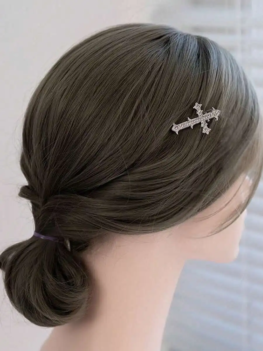 

Rhinestone Cross Metal Hair Clip For Women Stylish Side Bangs Hairpin Head Accessory