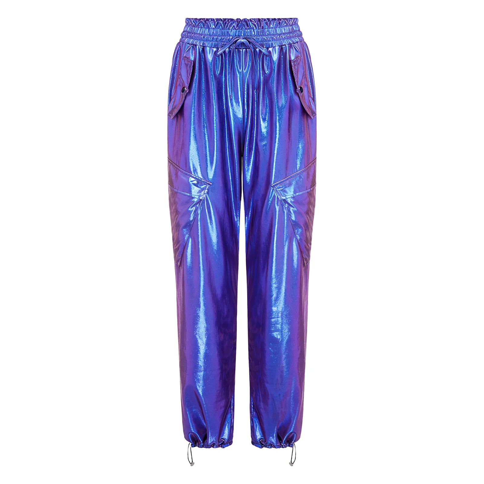Damen Metallic Glänzende Cargohose Hip-Hop Jazz Street Dance Performance Kostüm Elastischer Bund Multi-Taschen Jogginghose