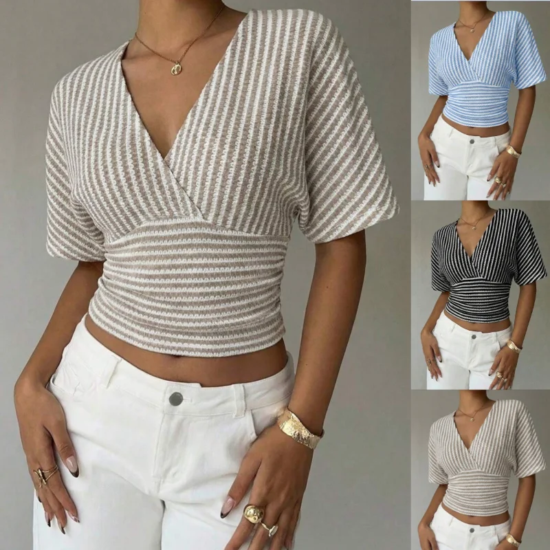 Women Striped Knit Wrap V Neck Batwing Sleeve Crop Top Casual Summer Blouse
