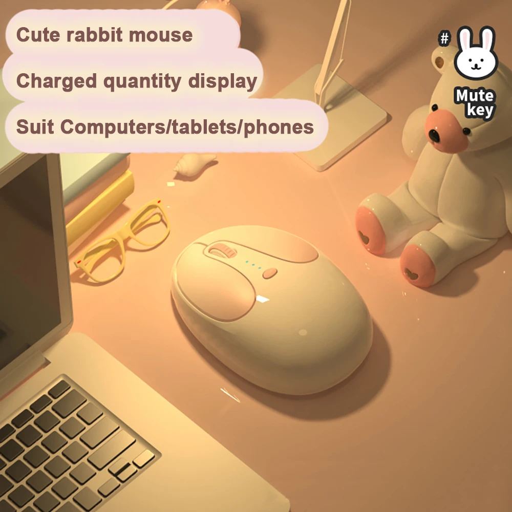 Cute 2.4G + Bluetooth Wireless Optical Mouse Portable Dual-mode Connection Rabbit Shape Recharge Mice for Laptop PC Tablet Ipad