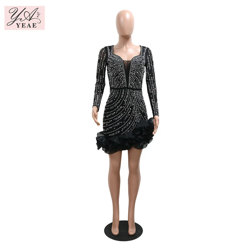 Robe de soirée d'anniversaire rose pour femmes, manches en maille, moulante, Sexy, diamants, volants à plusieurs niveaux, strass, perles, boîte de nuit, nouvelle collection 2025
