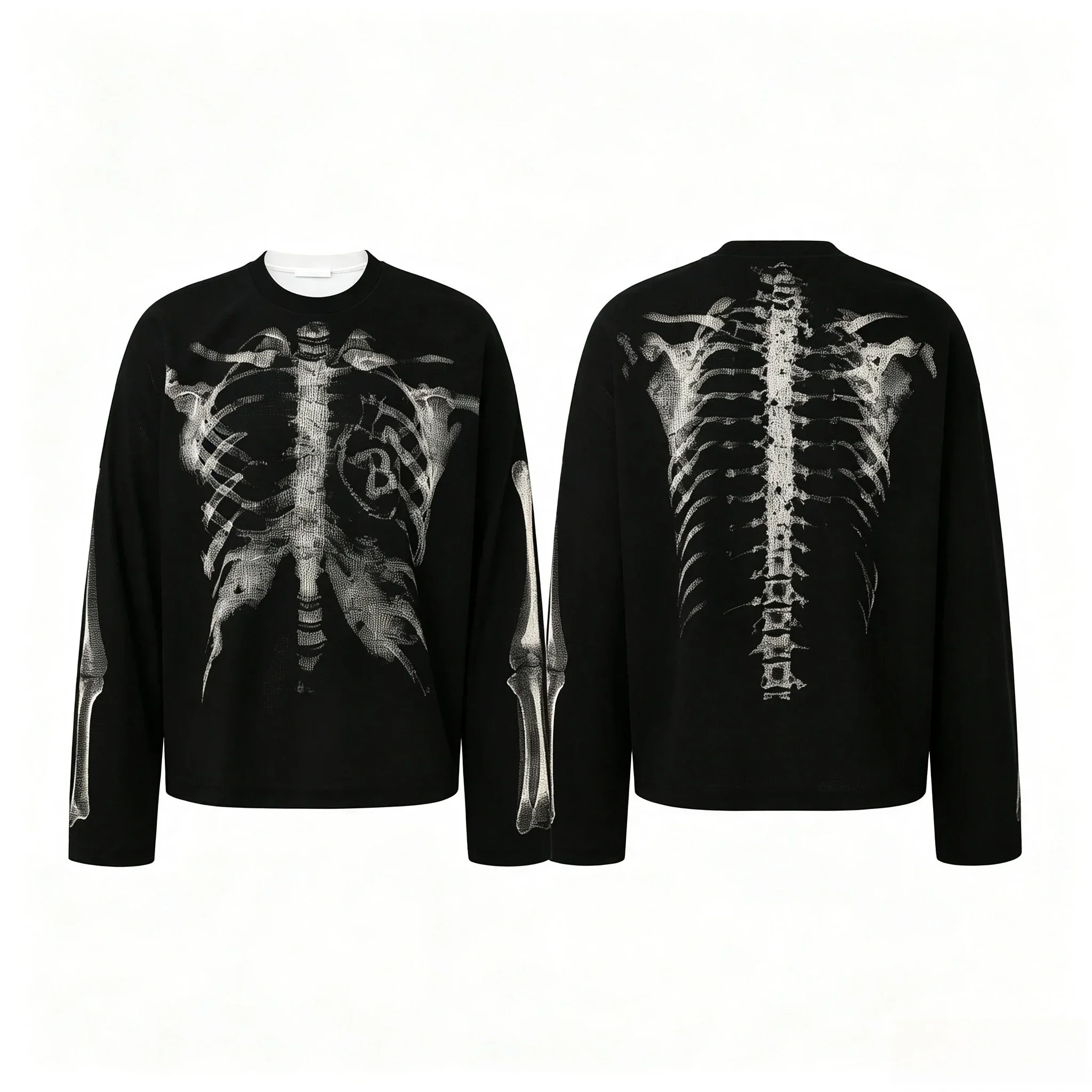 Unisex Vintage Skeleton Inspired Long Sleeve T Shirt Y2K Loose Casual Trendy 3D Print Top for Men Women Streetwear Graphic Tee