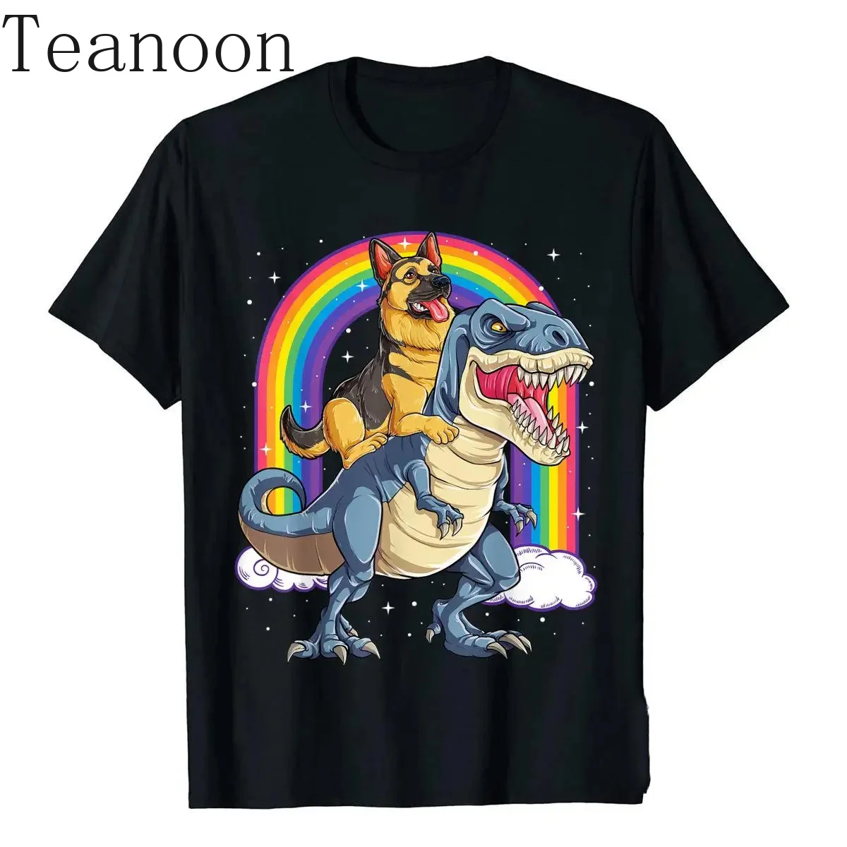 Teanoon German Shepherd Riding Dinosaur T Rex Tshirt for Men Rainbow T-Shirt Cotton Design Tops T Shirt Faddish Mens T Shirts