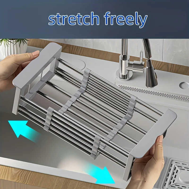 2025 Stainless Steel Extendable Sink Drying Rack - Adjustable Kitchen Drain Basket for Dish/Fruit Organizing Storage Tool