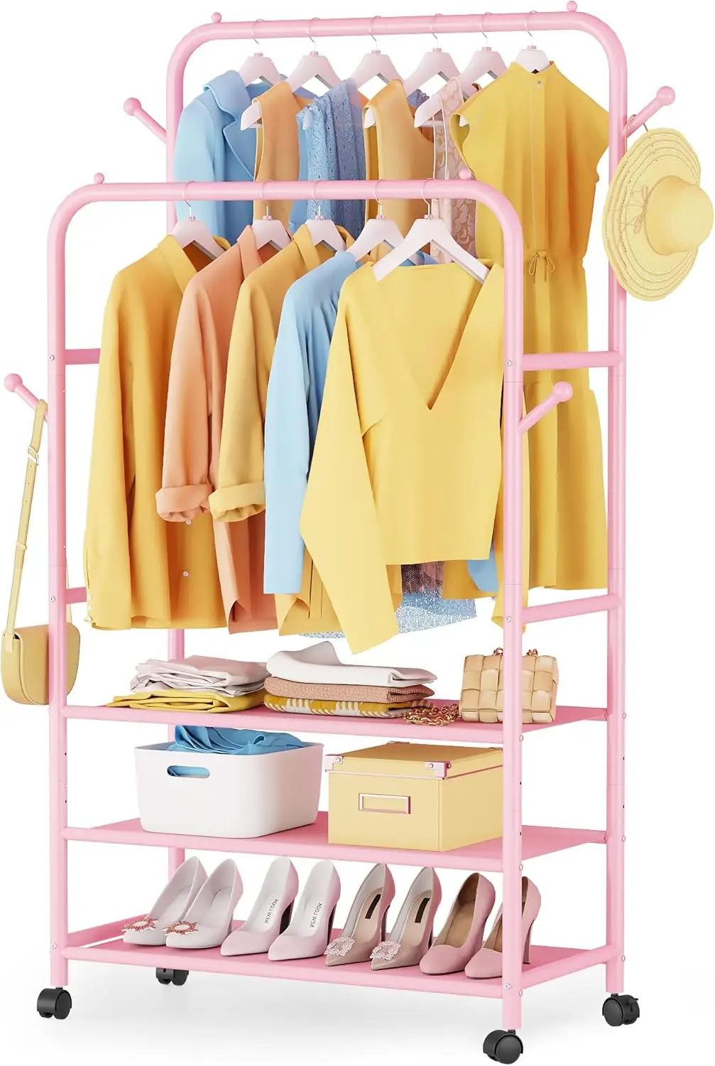 Pink Clothes Rack, Double Rods Clothing Racks for Hanging Clothes, Rolling Garment Racks with 3-Tier Shelves, Portable R