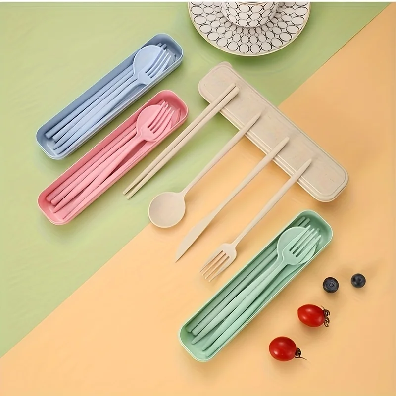 4-piece Portable Utensils, Healthy Eco-Friendly Wheat Straw Cutlery, Reusable Chopstick Fork Knife Spoon Set