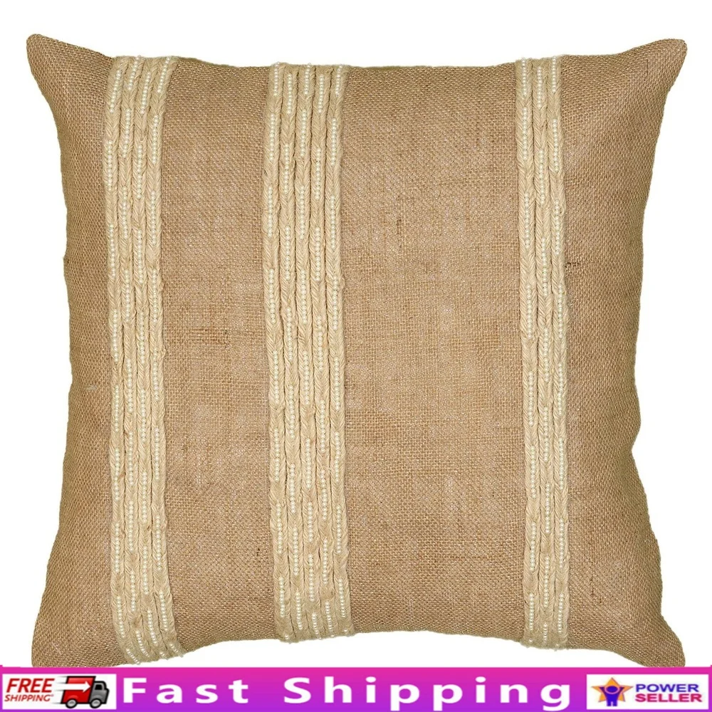 

Natural Cotton Jute Decorative Throw Pillow 20 Inch Square Eco-Friendly Appliqued Embroidered Accent Pillow Living Room Office