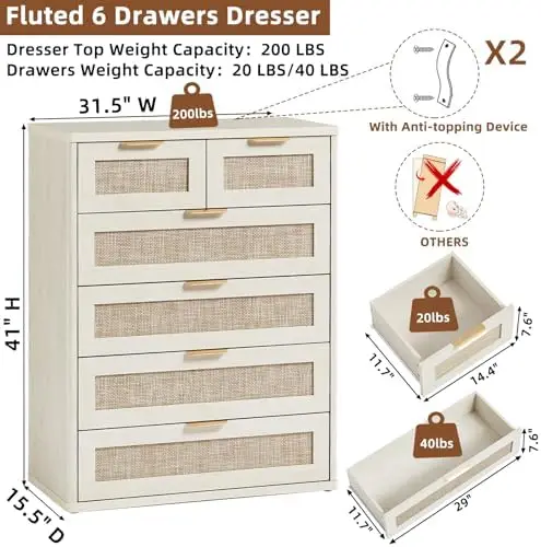 White Dresser for Bedroom, 41" Tall Chest of Drawers, Modern 6 Drawers Boho Rattan Dressers with Storage, Dresser - view 3
