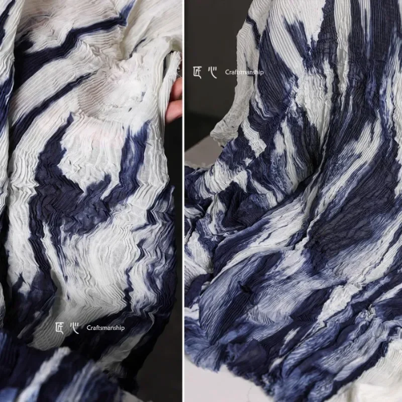 Volcano Indigo White Gradient Folding Retro Tie Dye Pleated Creative Clothing Designer Fabric