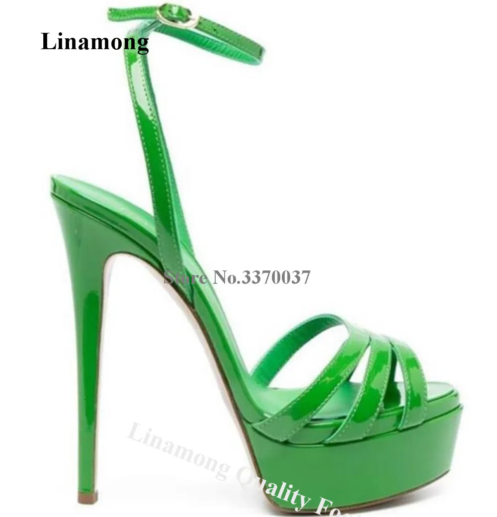 Linamong Sexy Straps Cross High Platform Stiletto Heel Sandals Peep Toe Green Yellow Pink Patent Leather Thin Heel Dress Shoes