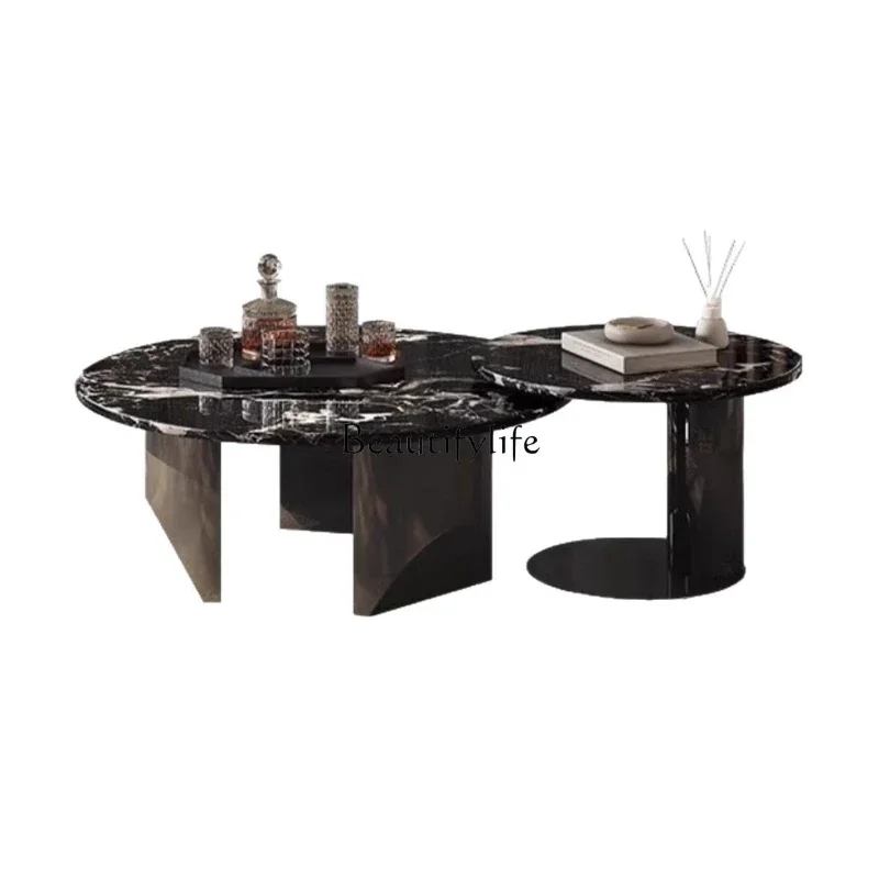 

ls 27Italian natural luxury stone black rose coffee table modern simple high-end living room designer size round coffee table