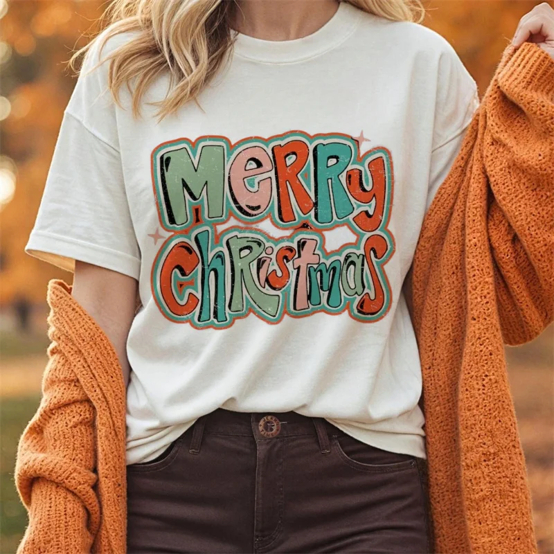 

Женская футболка в стиле ретро с рождественским принтом, обычная забавная женская футболка с героями мультфильмов, повседневная новогодняя милая белая футболка