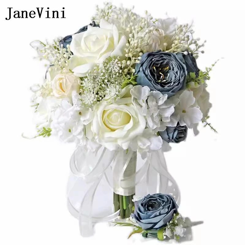 JaneVini White And Dusty Blue Wedding Bouquet Flowers for Bride Artificial Silk Rose Bridal Hand Flower Marriage Accessories