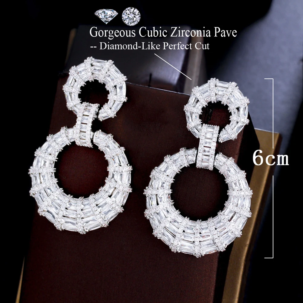 BeaQueen Exquisite Double Circle Big Drop Earrings for Women Cubic Zirconia Chic Silver Color Christmas Party Jewelry Gifts E546