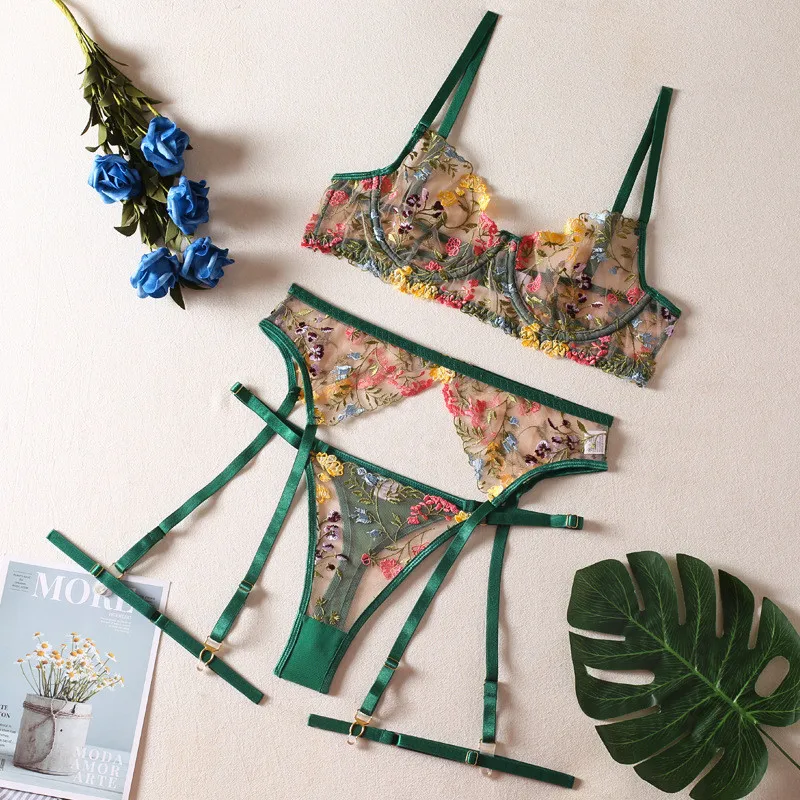 

Sexy Bra Sets 3 Pieces Lace Fancy Intimate Romantic Lingerie Underwear See Through Exotic Sets Embroidery Flowers Bra Brief Set