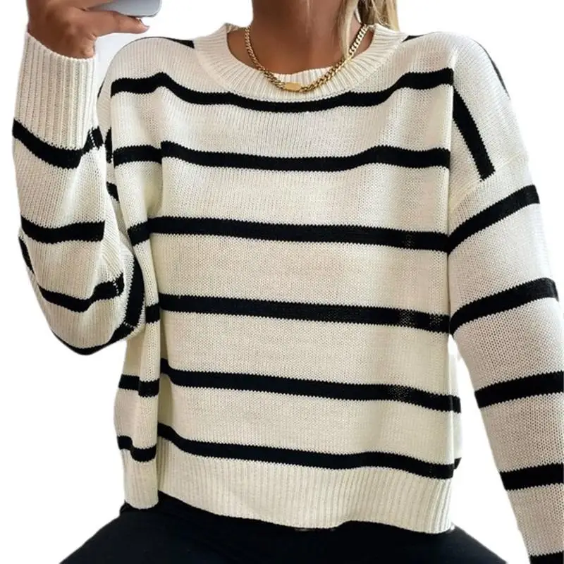 

Casual Polyester Fiber Regular Suiting Pattern Single PieceWomen's ort Sved Striped Pullover Knitwear