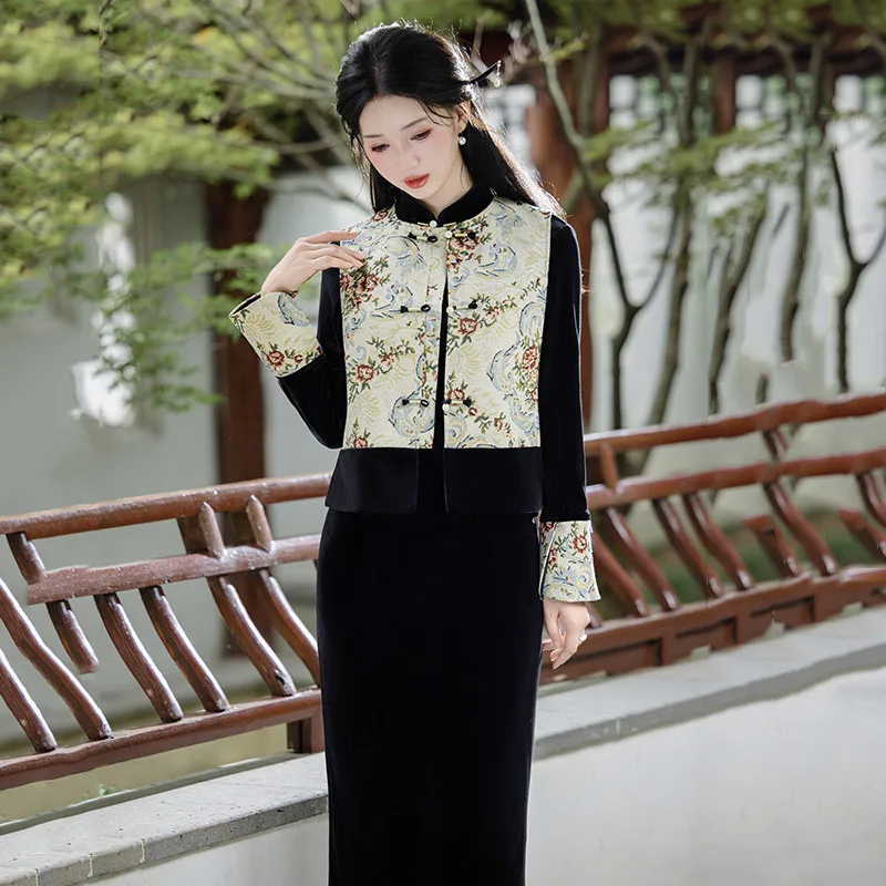 

Новый жилет в китайском стиле, комплект из двух предметов, Cheongsam с длинными рукавами, улучшенный для молодых женщин, тонкий ретро-ципао на осень и зиму