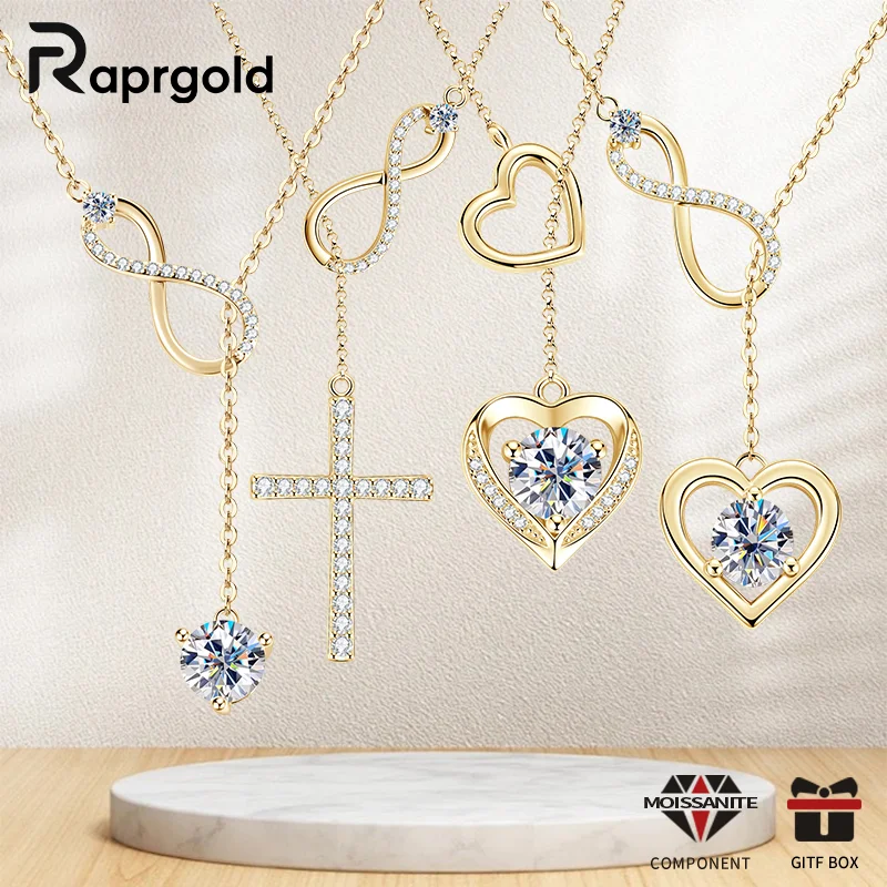 

RAPRGOLD круглый муассанит Y-образный лариат крест сердце бесконечный кулон ожерелье-цепочка для женщин стерлингового серебра 925 пробы ювелирные изделия подарки