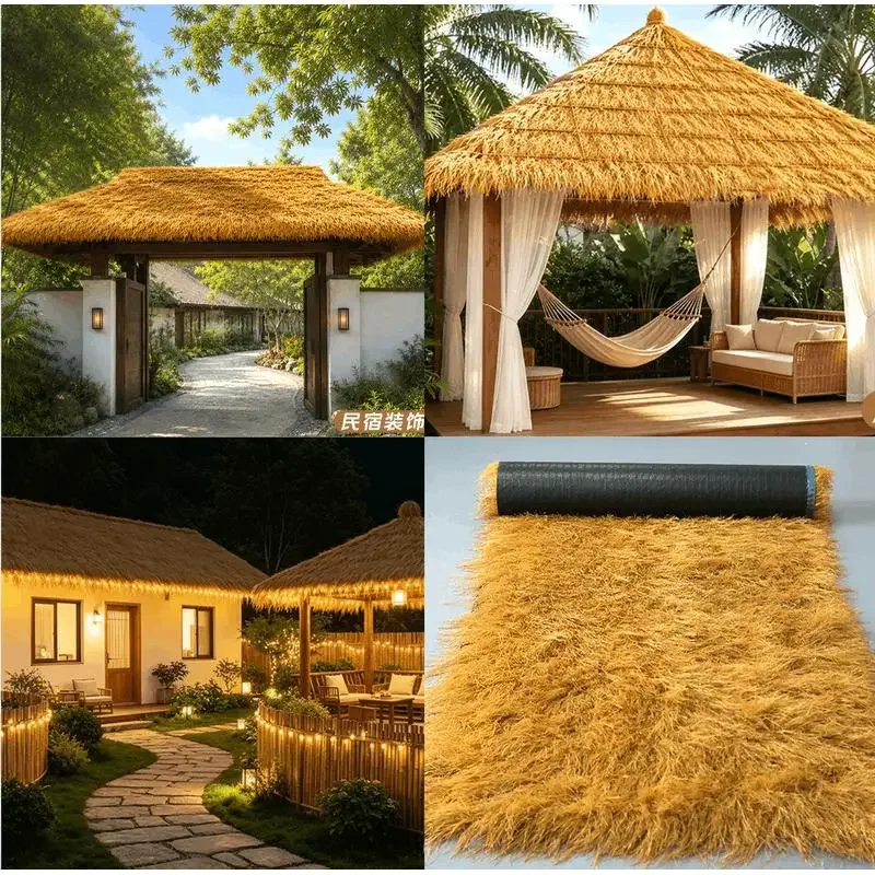 Waterproof Plastic Hairy Artificial Thatch Roof Mat Faux Straw Carpet Farm Resort Pavilion Courtyard Wooden Hut Roof Decor