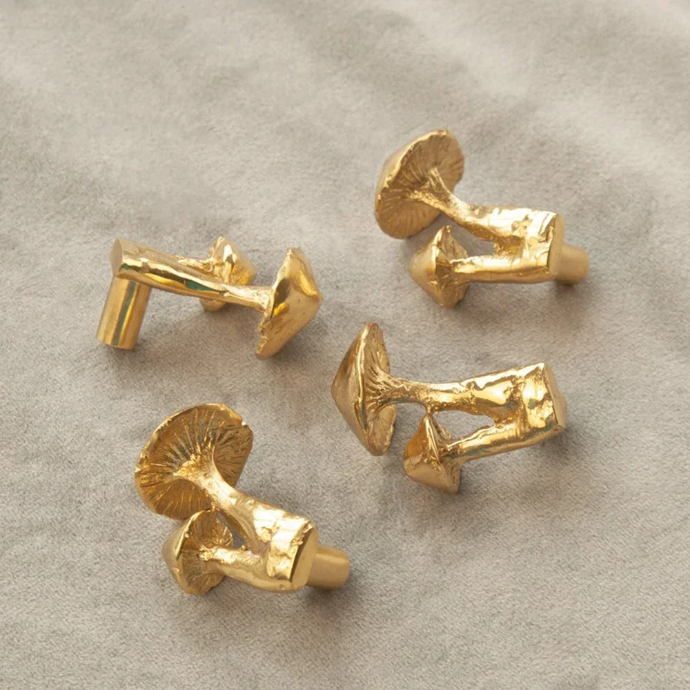 Mushroom Brass Cabinet Door Knobs Golden Botanical Drawer Pulls Nightstand Knobs Home Decor Dresser Pulls Furniture Handles