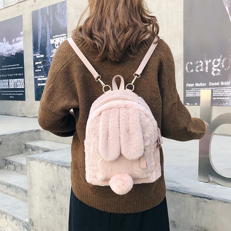 Cute Flannel Rabbit Backpack Women Small Soft Faux Fur Daypack Teenage Girls Kawaii Rucksack Easter Gift Bunny Ears Bag XA566H