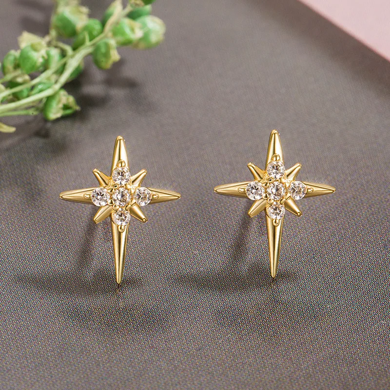 A pair of new octagonal star-shaped glittering zircon earrings, a charming wedding jewelry for Korean girls with fashionable sil