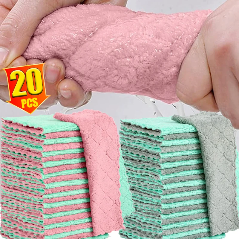 20/1PCS Double-Sided Dish Cloths Microfiber Kitchen Cleaning Towels Super Absorbent Coral Fleece Dishcloths Rags Washing Towels