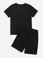 Summer Black Trendy Printed Round Neck Short Sleeved T-Shirt Top + Elastic Waist Printed Wide Leg Shorts Children's Clothing Set 2