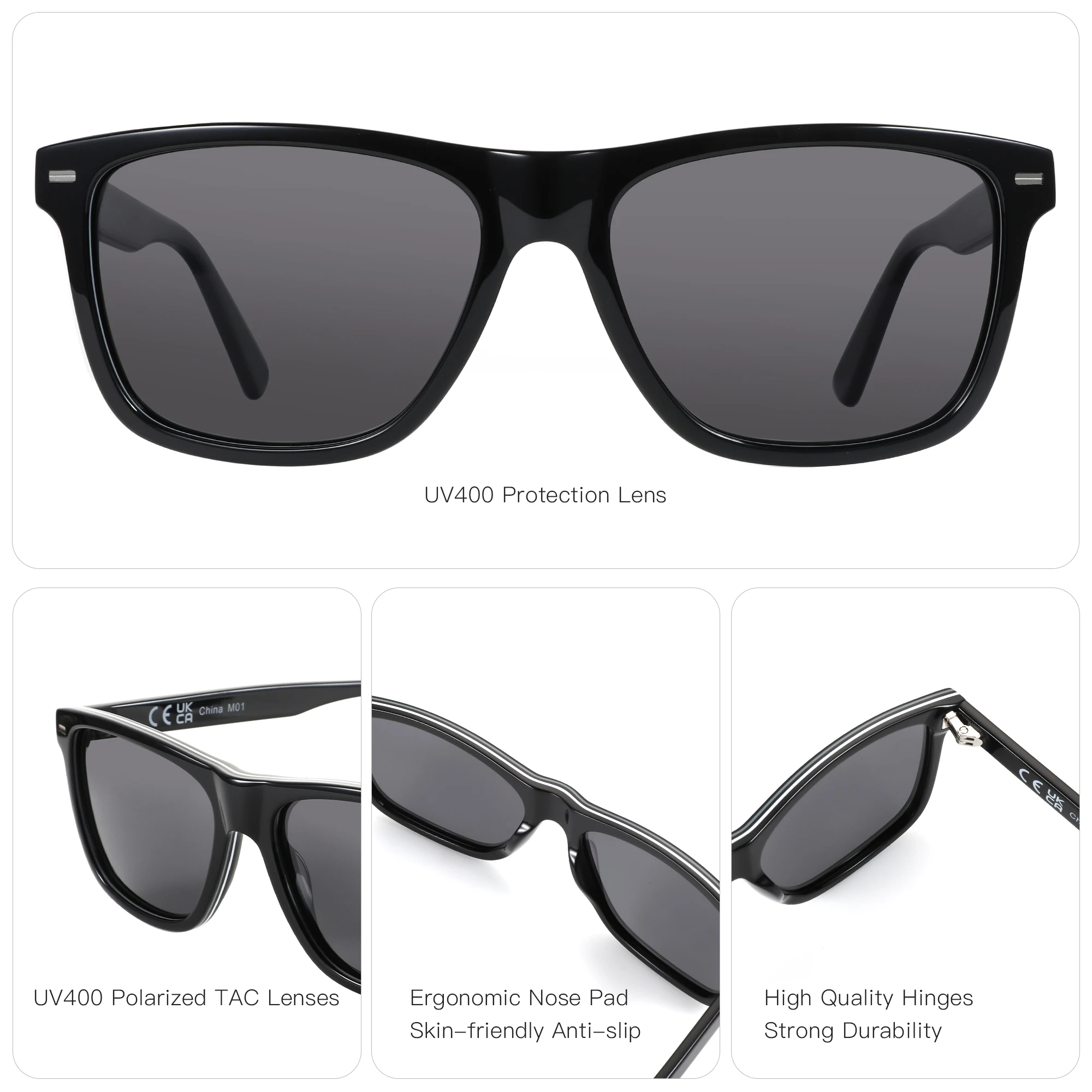 ZENOTTIC Neu eingetroffene quadratische polarisierte Sonnenbrille, UV400-Schutz, Acetat-Sonnenbrille, klassisches Design, Schatten für Damen und Herren – Detail 9