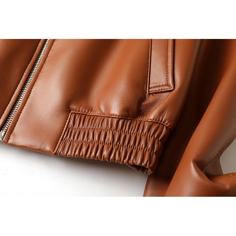 Mode Braun 100% Echtes Leder Jacken Frauen Herbst Winter Revers Zipper Kurze Schaffell Langarm Elastische Taille Jacke Mäntel
