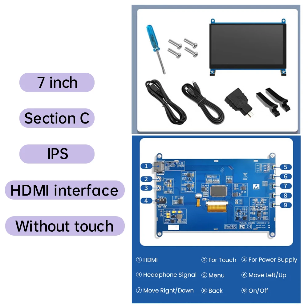 7 inch IPS HD 1024*600 LCD Display Raspberry Pi 3B 4B 5B HDMI VGA AV DC Interface with Capacitive Touch Chassis Secondary Screen