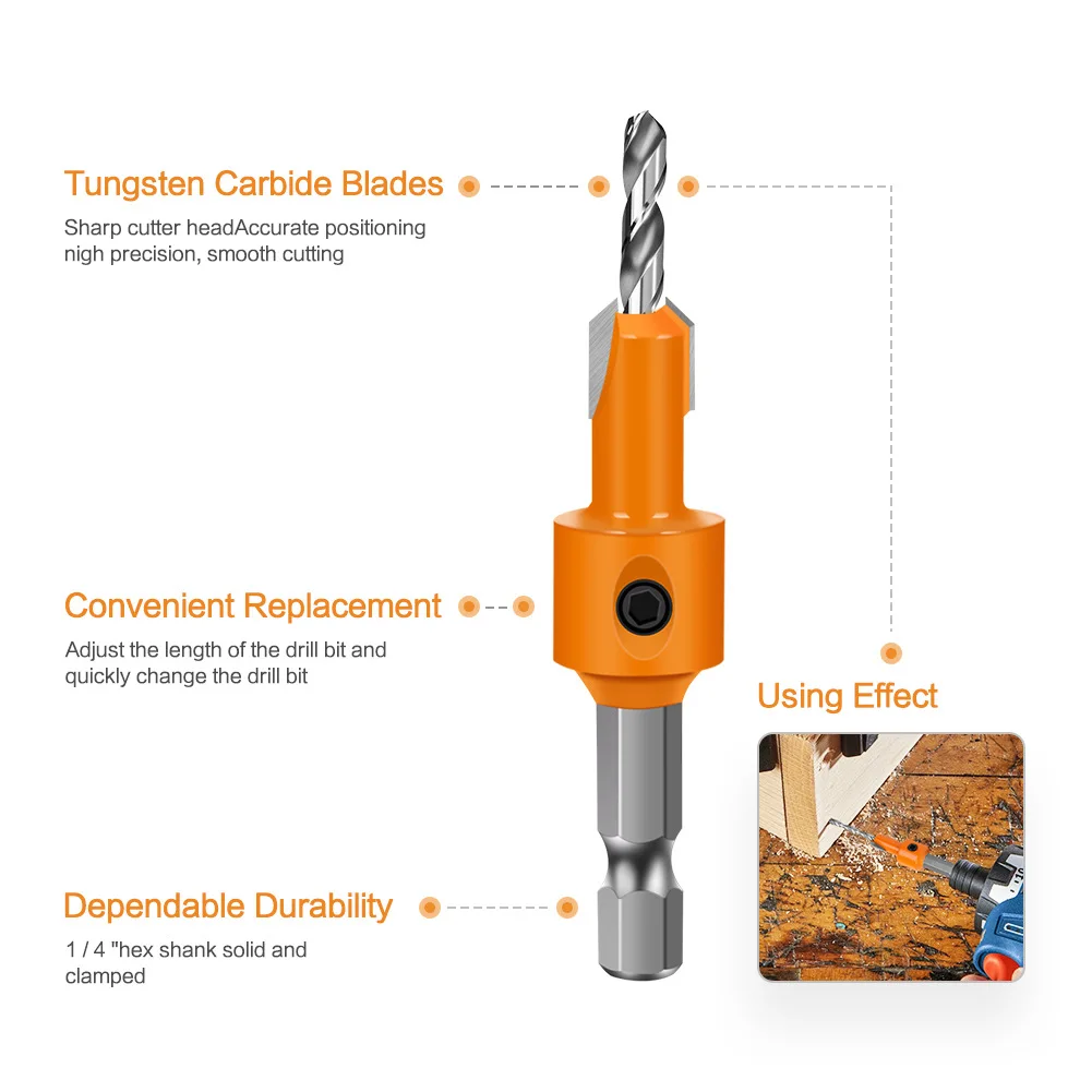 Countersink Drill Bit 6.35mm Hex Shank Woodworking Step Drill High Speed Steel Double Flute Hidden Screw Hole Wood Drilling Tool