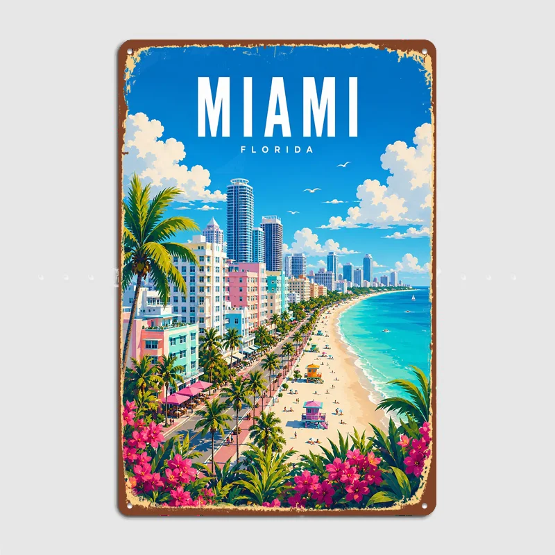 Miami, Florida Beach, Travel Poster Metal Custom Sign Living Room Indoor Decor Room Decoration Bedroom Posters Home Decor