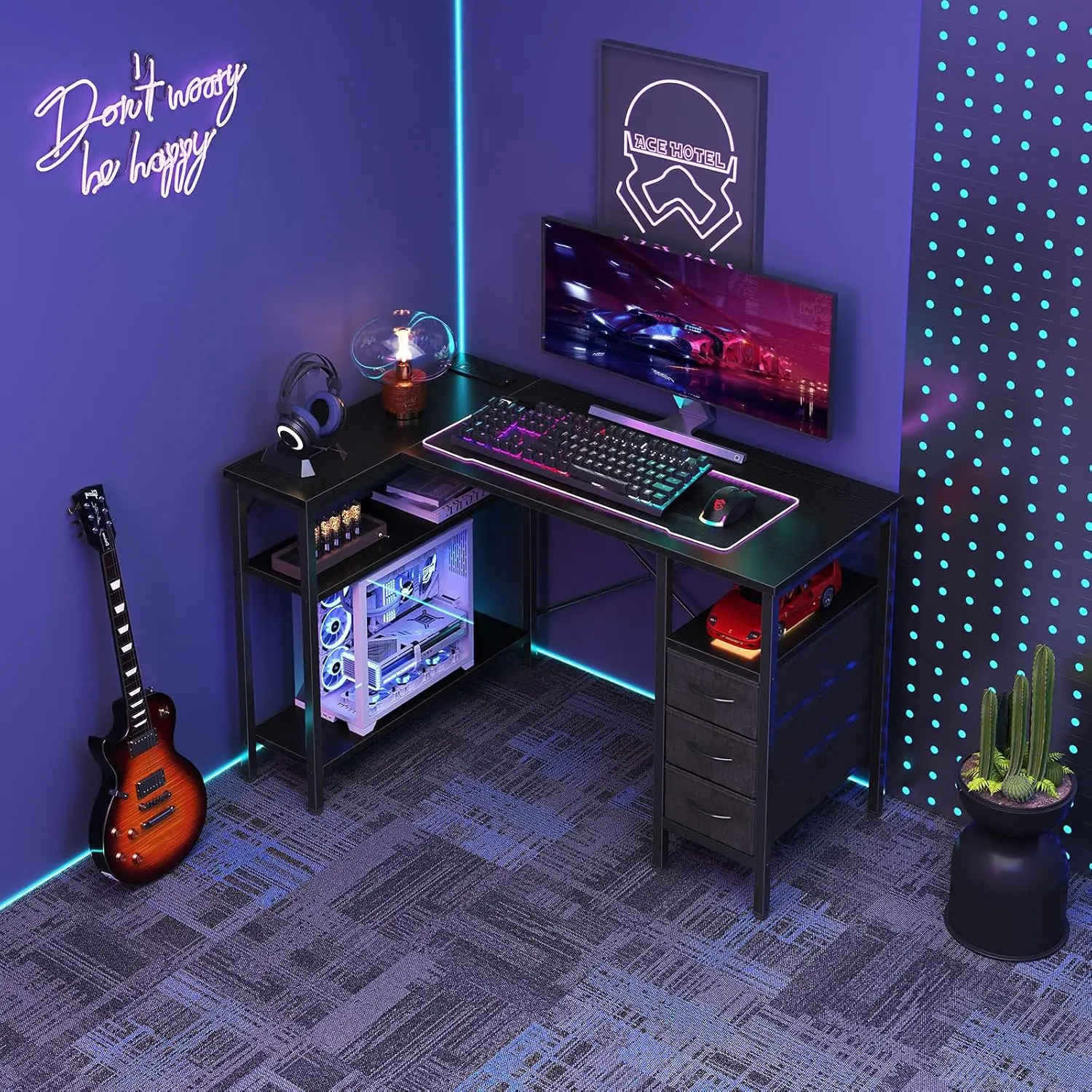 L Shaped Desk Wood 47 Inch with Power Outlets, with Drawers All Seasons Black
