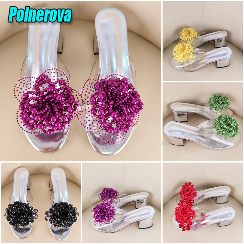 

Multi Color Crystal Floral Decor Sandals for Women Transparent Strap Round Toe Thick Heel Slippers Summer Elegant Party Shoes