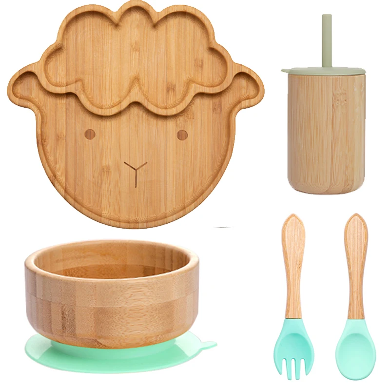 Mordida morde 5 pçs/set utensílios de mesa para crianças prato tigela garfo colher copo sucção alimentação alimentos utensílios de mesa de bambu bpa livre antiderrapante