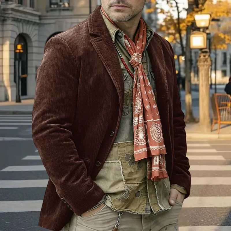 Abito da uomo in velluto a coste Blazer Abbigliamento da lavoro casual vintage Giacca da uomo d'affari slim fit con risvolto Cappotto da sposo su misura